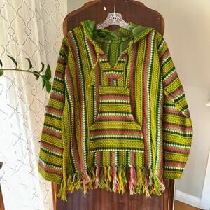 Vintage 1970s Guatemalan Poncho Hood Green Size medium / Large fringe pullover